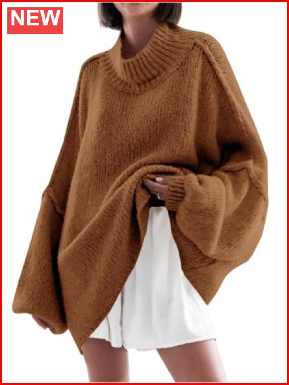 Oversized Mock Neck Tunic Sweater Ribbed Knit Batwing Sleeve Pullover